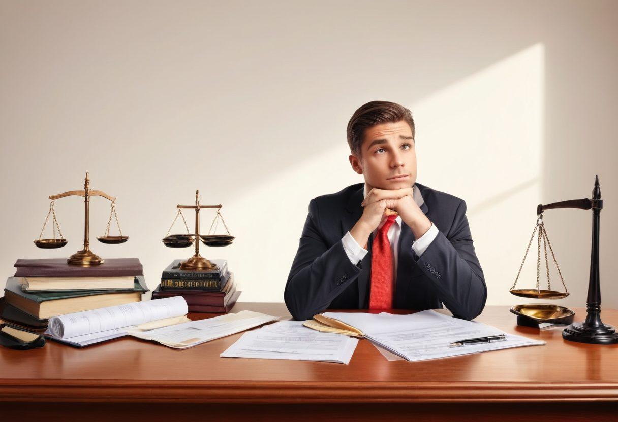 A thoughtful person sitting at a desk, weighing options between two lawyers, with documents and bankruptcy signs around. The setting should evoke a sense of deliberation and hope, symbolizing the journey of choosing the right legal counsel. Bright warm colors to represent optimism amidst challenges. super-realistic. soft light. white background.