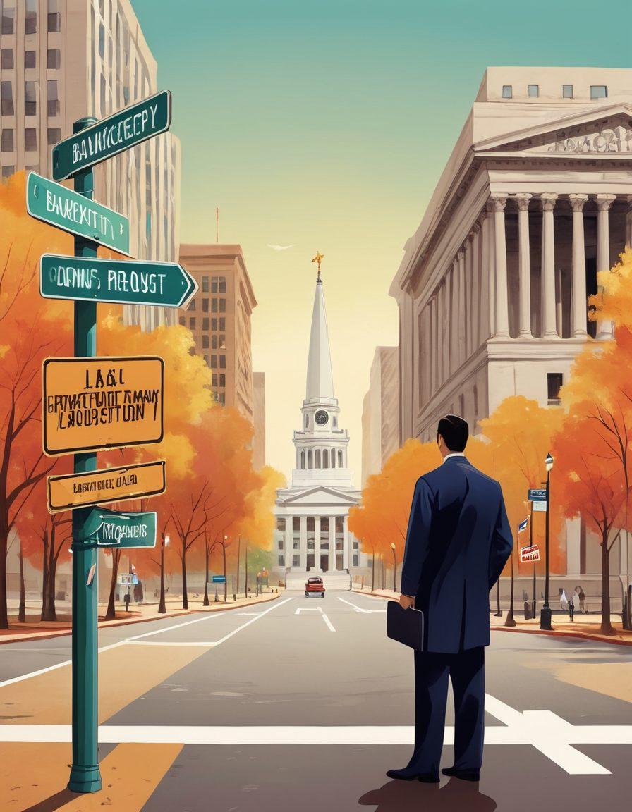 A person standing at a crossroads, looking at road signs labeled 'Bankruptcy Protection', 'Court Procedures', and 'Legal Counsel', with a backdrop of a federal courthouse. The scene conveys a sense of guidance and decision-making, featuring a mix of anxious and hopeful expressions. Include a warm color palette to evoke a sense of support and clarity. vector art. vibrant colors.